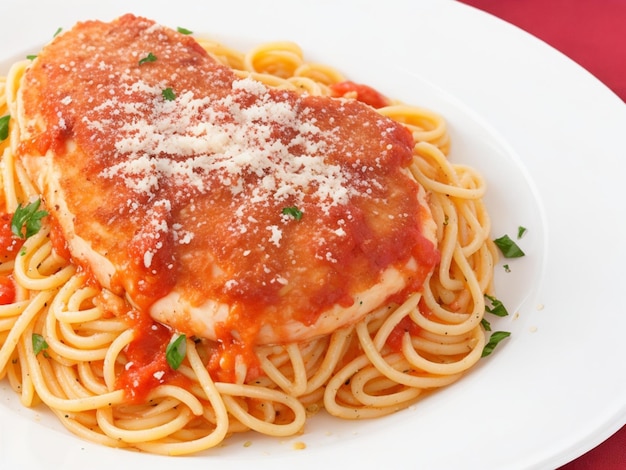 Chicken parmesan with pasta and garnishments