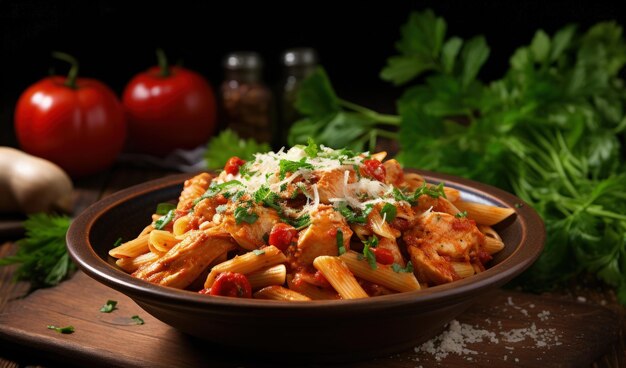 Chicken penne pasta with tomato sauce topped with parsley on a wooden table