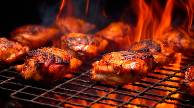 Chicken pieces on bbq grill grid with fire and smoke close up view Generative AI