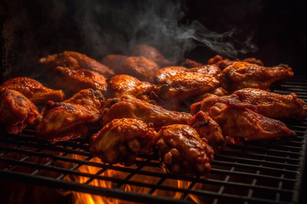 Chicken pieces chicken wings on a grill grate fire and smoke Cooking buffalo wings Generative AI