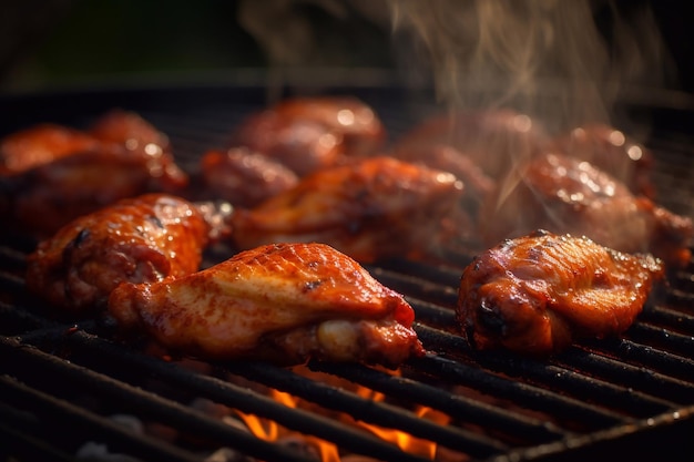 Chicken pieces chicken wings on a grill grate fire and smoke Cooking buffalo wings Generative AI