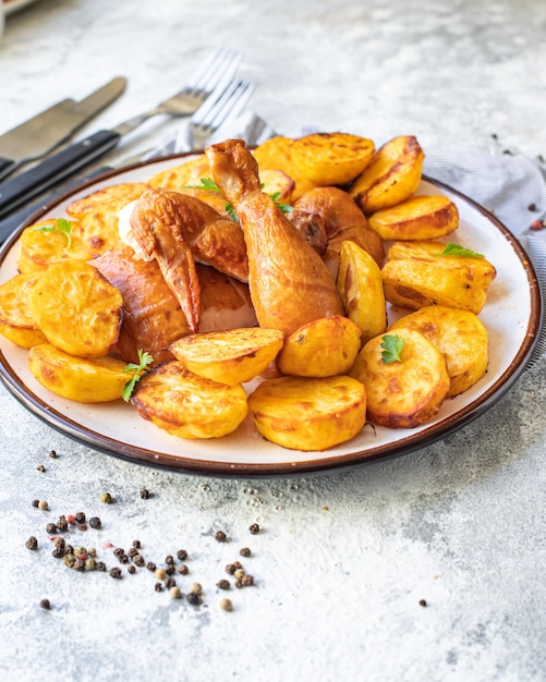 Foto pezzi di pollo e patate fritte verdure al forno pollame piatto di carne