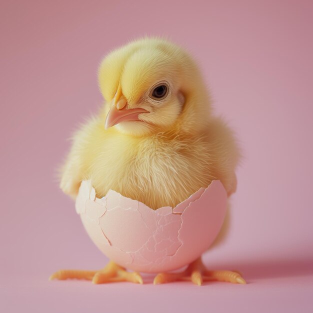 A chicken on a pink background half in an egg