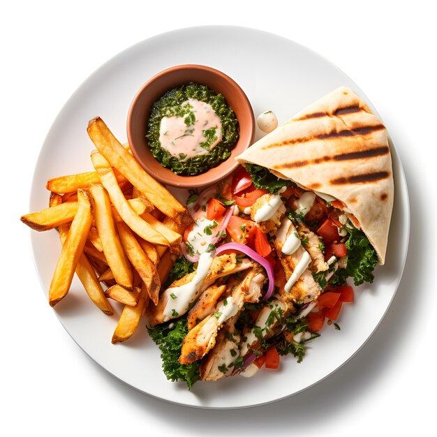 Chicken Pita Sandwich with Fries and Feta Cheese with Lacinato Kale Red Onion Tomato in Pita Bread