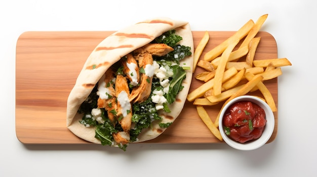 Chicken Pita Sandwich with Fries and Feta Cheese with Lacinato Kale Red Onion Tomato in Pita Bread