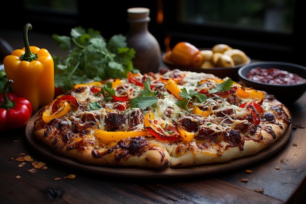 Chicken pizza with bell peppers ar c