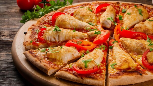 Chicken pizza with bell peppers tomato cheese on round wooden board