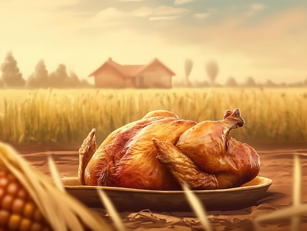 A chicken on a plate in a field with a house in the background