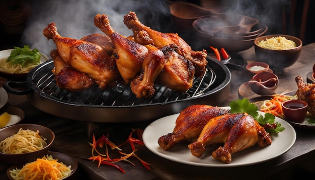 курица и тарелка с едой на столе с дымом, выходящим из него