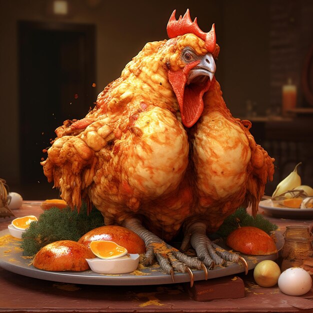 계란과 다른 야채와 함께 접시에 치킨.