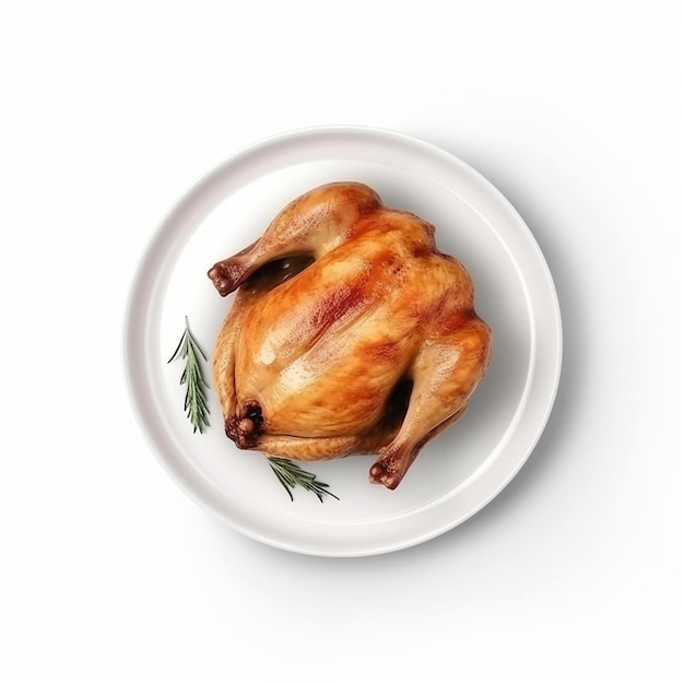 A chicken on a plate with a green leaf on it