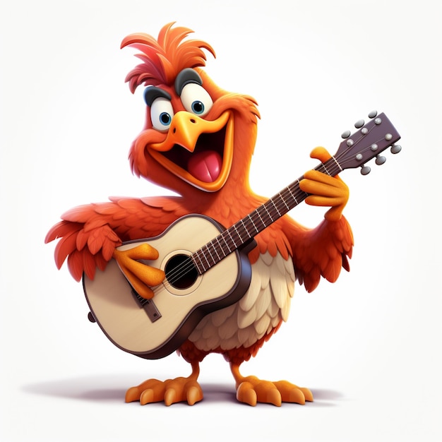 A chicken playing guitar cartoon character on white background