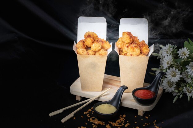 Chicken pop, hot, smoky, with a black background as a snack.