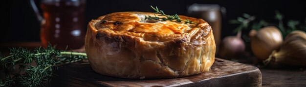 Photo chicken pot pie on stone rustic pub wide panoramic generative ai