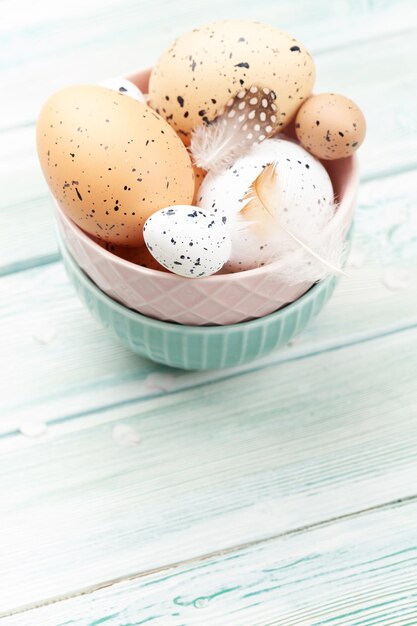 Chicken and quail eggs in bowl