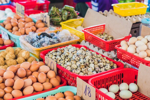 Chicken and quail eggs in colorful baskets