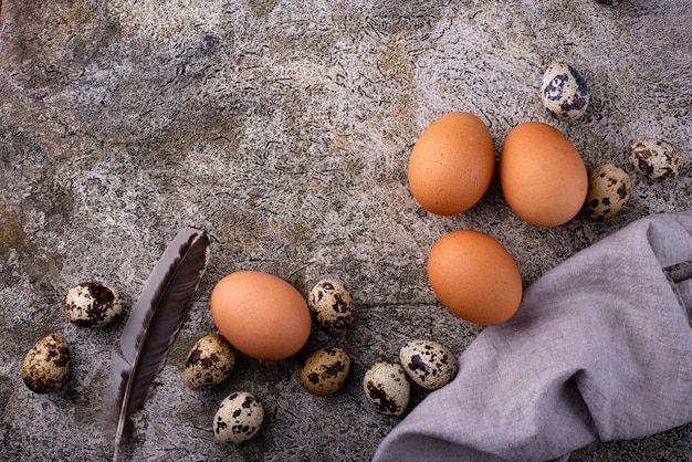 Chicken and quail raw eggs on stone background