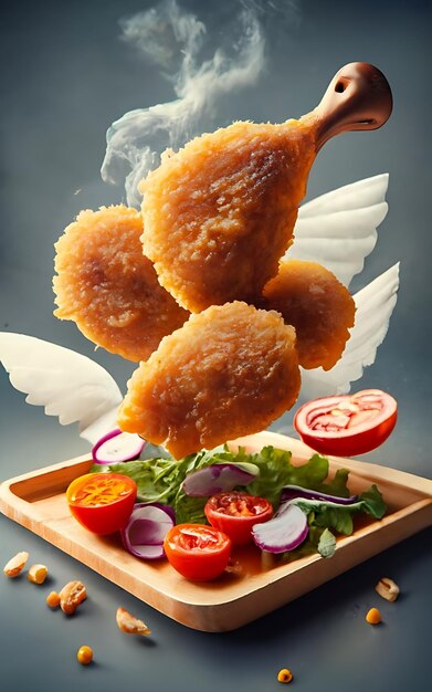 chicken restaurant including fried chicken cutlets as a main subject flying food