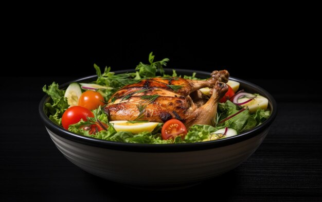 The chicken and salad in a bowl on a black table