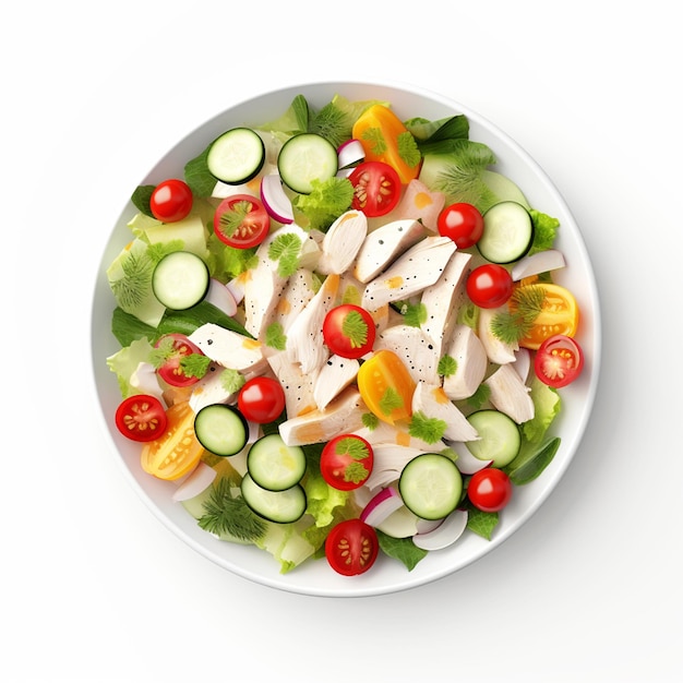 Chicken salad in a bowl top view on isolated white background