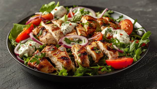 Foto insalata di pollo, insalata di caesare con pollo alla griglia e crouton.