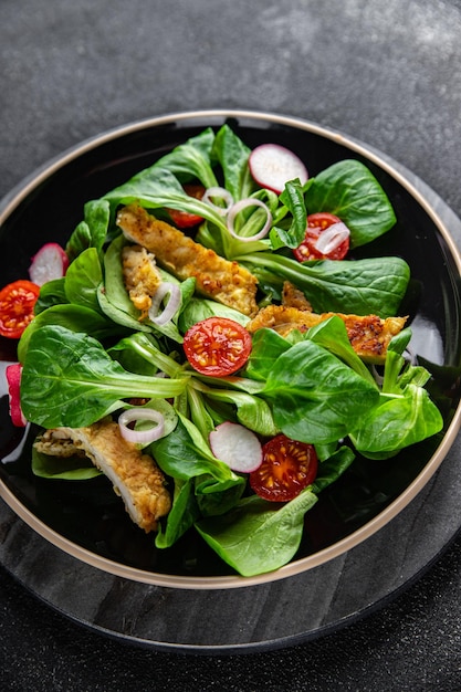 chicken salad meat, vegetable, tomato, radish, green leaves mix lettuce meal food snack