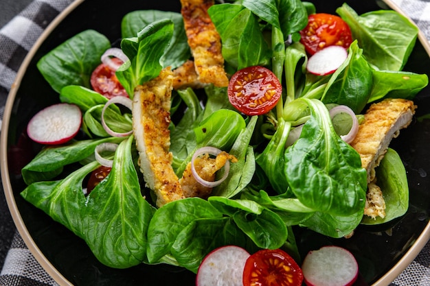 chicken salad meat, vegetable, tomato, radish, green leaves mix lettuce meal food snack