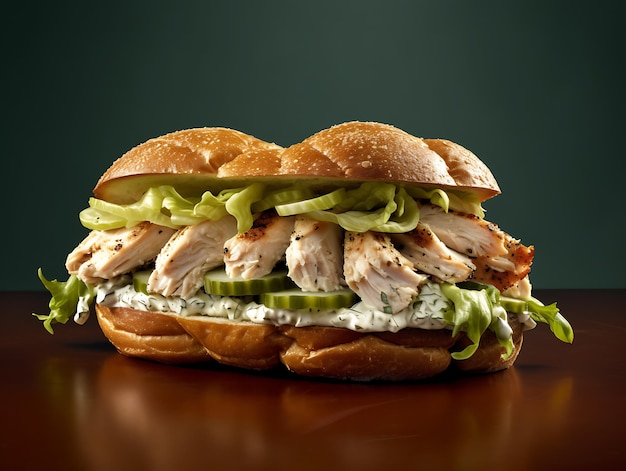 Foto sandwich di insalata di pollo su uno sfondo di legno scuro