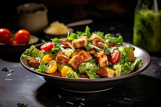 A chicken salad served on a bed of mixed greens with balsamic vinaigrette