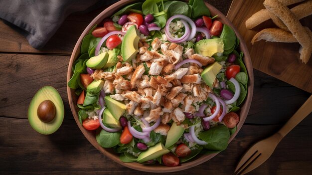 Foto insalata di pollo vista dall'alto verso il basso