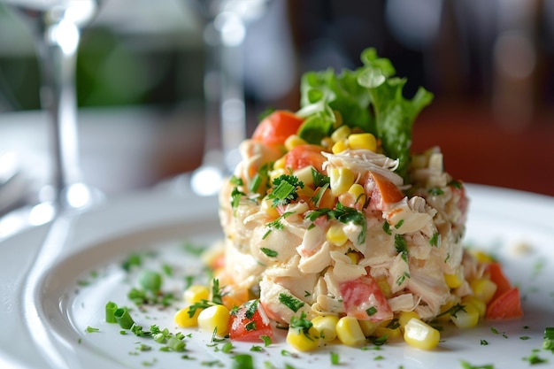 Chicken Salad on White Plate Garnished