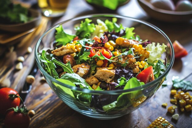 Photo chicken salad with corn pepper and lettuce