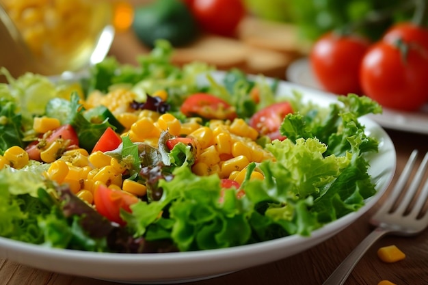 Photo chicken salad with corn pepper and lettuce