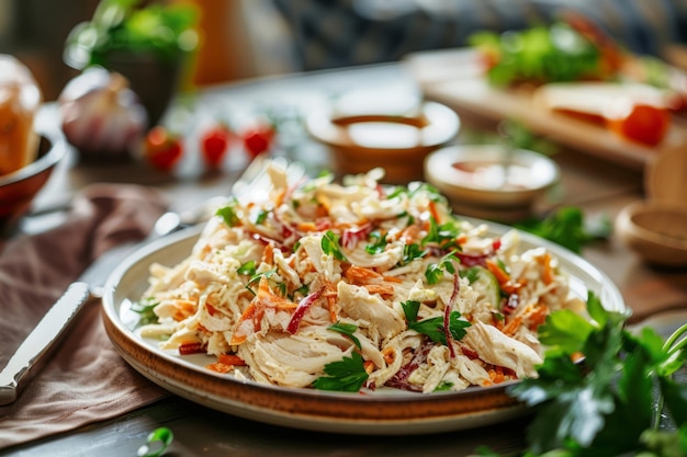 Chicken salad with shredded chicken meat and vegetables Generative AI