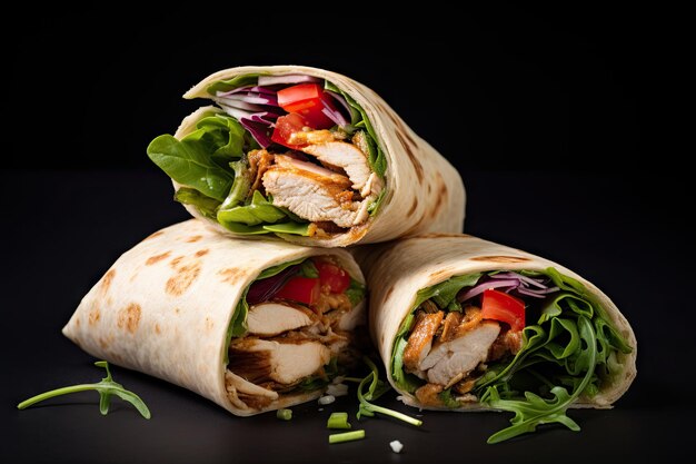 Chicken and salad wraps on a studio backdrop