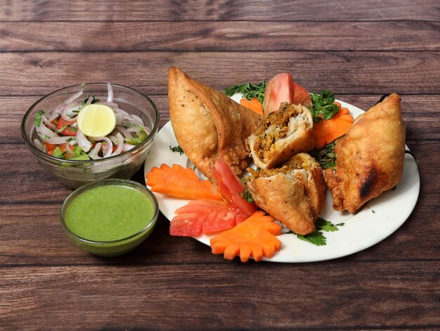 Chicken samosa famous traditional arabic middle east asian\
cuisine triangular arabic chicken samosa served over a rustic\
wooden background selective focus