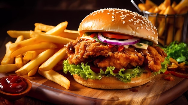 A chicken sandwich with fries on a wooden tray