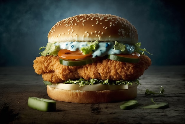 A chicken sandwich with mayo on it and a blue background.