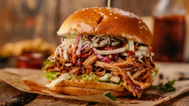 a chicken sandwich with onions and onions on a wooden table