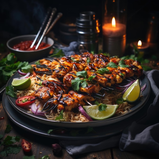 Chicken Satay Grilled marinated chicken skewers served with peanut sauce Asian