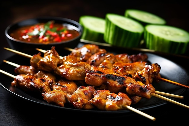 Chicken satay served with a cup of spicy sauce on the tray closeup shoot AI Generated