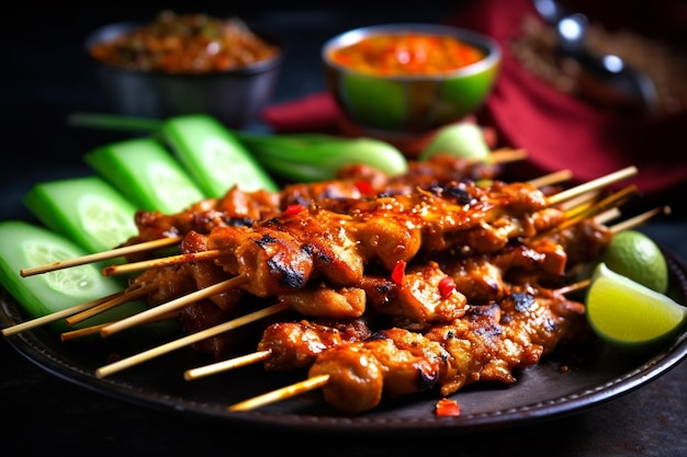 Chicken satay served with a cup of spicy sauce on the tray closeup shoot AI Generated