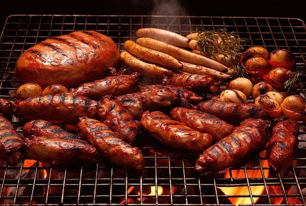 Chicken and sausages on giant barbeque grid