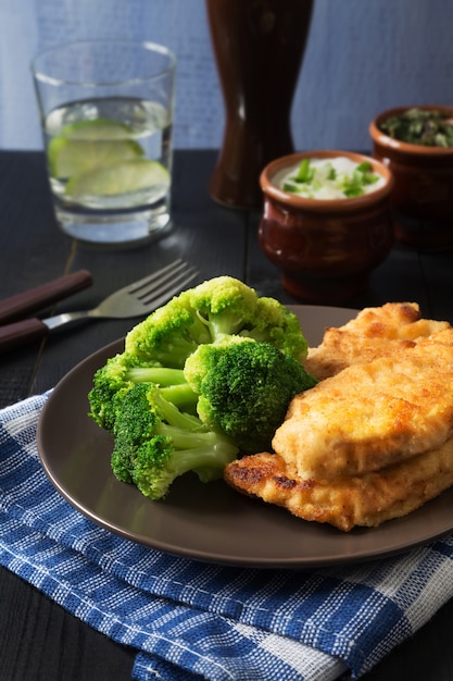 Chicken schnitzel and broccoli