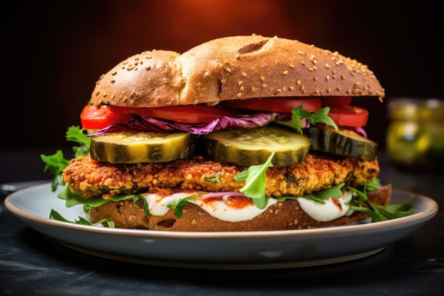 Photo chicken schnitzel sandwich with tomato sauce fried eggplant lettuce and onion pickles