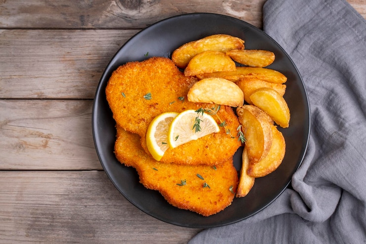 Photo chicken schnitzel with sauce fried potatoes and lemon in a plate
