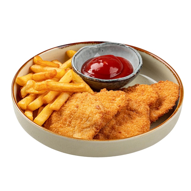 フレンチフライとケチャップのチキンシュニッツェル