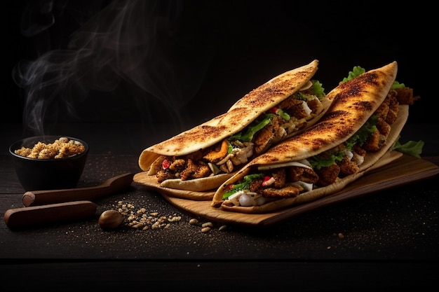 Куриная shawarma на деревянном столе на темном дымящем фоне