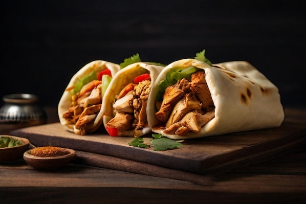 Chicken shawarma on wooden table dark smoky background