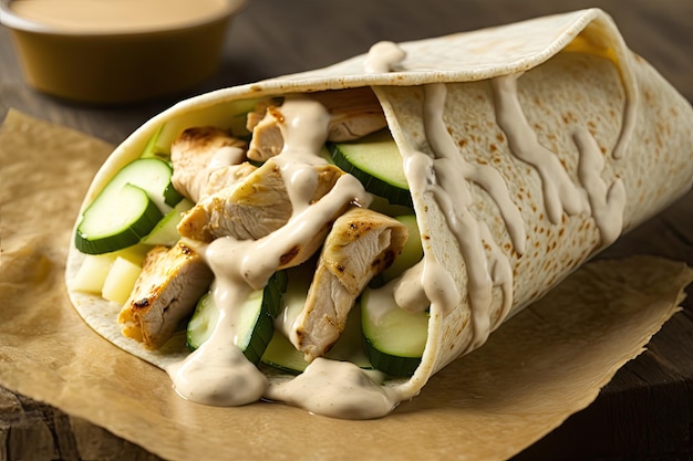 Chicken shawarma wrap with hummus cucumbers and tahini sauce created with generative ai